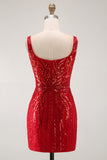 Sparkly Burgundy Bodycon Sequins Square Neck Short Homecoming Dress
