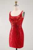 Sparkly Burgundy Bodycon Sequins Square Neck Short Homecoming Dress