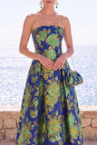 Pink Flower Strapless A-Line Jacquard Midi Dress