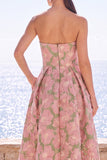 Pink Flower Strapless A-Line Jacquard Midi Dress