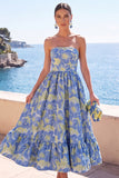 Dark Green Strapless A-Line Jacquard Midi Floral Dress with Ruffles
