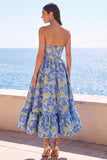 Dark Green Strapless A-Line Jacquard Midi Floral Dress with Ruffles