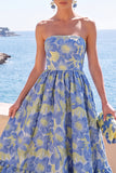 Dark Green Strapless A-Line Jacquard Midi Floral Dress with Ruffles