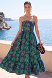 Dark Green Strapless A-Line Jacquard Midi Floral Dress with Ruffles