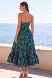 Dark Green Strapless A-Line Jacquard Midi Floral Dress with Ruffles