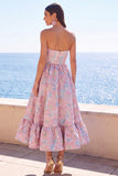 Dark Green Strapless A-Line Jacquard Midi Floral Dress with Ruffles