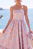 Dark Green Strapless A-Line Jacquard Midi Floral Dress with Ruffles