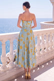 A-Line Jacquard Blue Strapless Floral Midi Dress