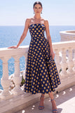 A-Line Jacquard Blue Strapless Floral Midi Dress