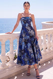 A-Line Jacquard Blue Strapless Floral Midi Dress
