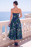 A-Line Jacquard Blue Strapless Floral Midi Dress