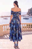 Navy Green Flower Off the Shoulder A-Line Midi Dress with Lace Up Back