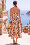 Olive Sweetheart A-Line Jacquard Ruched Floral Midi Dress