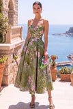 Olive Sweetheart A-Line Jacquard Ruched Floral Midi Dress