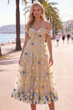 Off the Shoulder Red Flower A-Line Tulle Midi Dress with Appliques