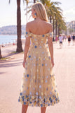 Off the Shoulder Red Flower A-Line Tulle Midi Dress with Appliques