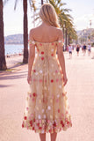 Off the Shoulder Red Flower A-Line Tulle Midi Dress with Appliques