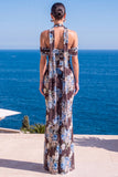 Mermaid Green Velvet Halter Neck Ruched Maxi Floral Dress