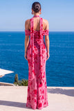 Mermaid Green Velvet Halter Neck Ruched Maxi Floral Dress