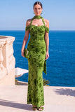 Mermaid Green Velvet Halter Neck Ruched Maxi Floral Dress