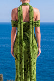 Mermaid Green Velvet Halter Neck Ruched Maxi Floral Dress