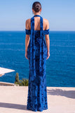 Mermaid Green Velvet Halter Neck Ruched Maxi Floral Dress