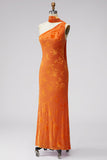 One Shoulder Mermaid Orange Maxi Floral Dress