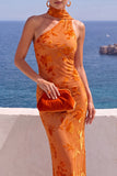 One Shoulder Mermaid Orange Maxi Floral Dress