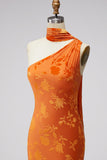 One Shoulder Mermaid Orange Maxi Floral Dress