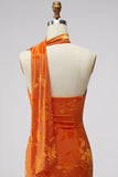 One Shoulder Mermaid Orange Maxi Floral Dress