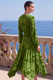 Green A-Line Velvet V-Neck Asymmetrical Ruched Midi Floral Dress with Long Sleeves