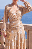 Green A-Line Velvet V-Neck Asymmetrical Ruched Midi Floral Dress with Long Sleeves