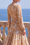 Green A-Line Velvet V-Neck Asymmetrical Ruched Midi Floral Dress with Long Sleeves