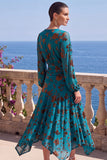 Green A-Line Velvet V-Neck Asymmetrical Ruched Midi Floral Dress with Long Sleeves