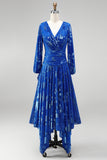 Green A-Line Velvet V-Neck Asymmetrical Ruched Midi Floral Dress with Long Sleeves