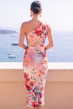 Blue Flower One Shoulder Bodycon Midi Dress