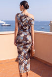 Coffee One Shoulder Bodycon Ruched Midi Floral Dress with Slit