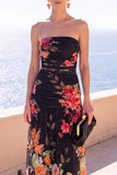 Strapless Coffee A-Line Ruched Chiffon Maxi Floral Dress