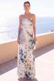 Strapless Coffee A-Line Ruched Chiffon Maxi Floral Dress