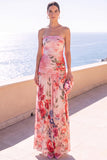 Strapless Coffee A-Line Ruched Chiffon Maxi Floral Dress