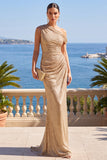 Champagne One Shoulder Mermaid Ruched Long Formal Dress with Sequins