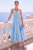 Strapless Blue A-Line Midi Floral Dress with Appliques