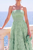 Strapless Blue A-Line Midi Floral Dress with Appliques