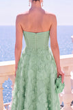 Strapless Blue A-Line Midi Floral Dress with Appliques