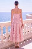Strapless Blue A-Line Midi Floral Dress with Appliques