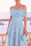 Off the Shoulder Blue A-Line Midi Floral Dress with Lace Up Back