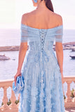 Off the Shoulder Blue A-Line Midi Floral Dress with Lace Up Back