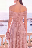 Off the Shoulder Blue A-Line Midi Floral Dress with Lace Up Back