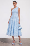Blue A-Line One Shoulder Floral Midi Dress with Beading