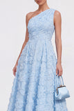 Blue A-Line One Shoulder Floral Midi Dress with Beading